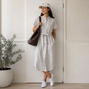 Stelen Pinstripe Shirtdress Midi Tie Waist Short Sleeve Sz S Cotton utility maxi